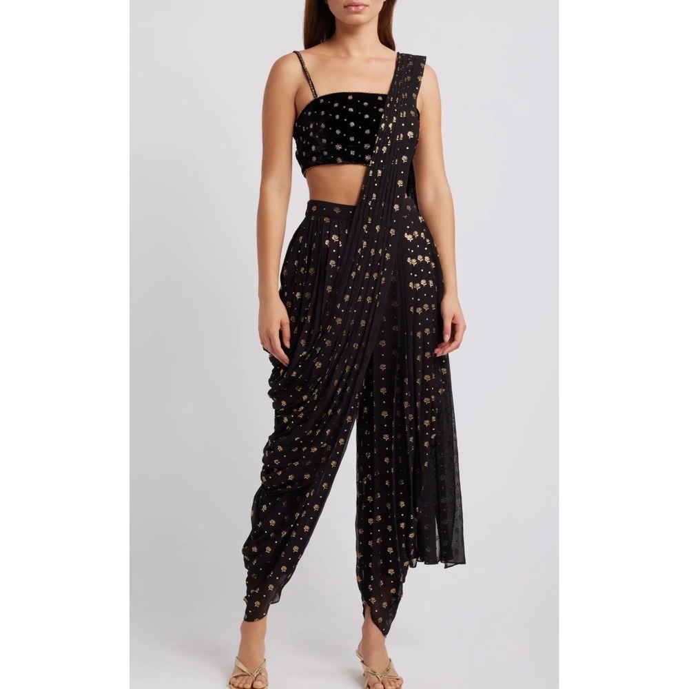 Sani Women Black Gold Foil Velvet Crop Top (S) Draped Dhoti Pant(L) Set Sz S & L